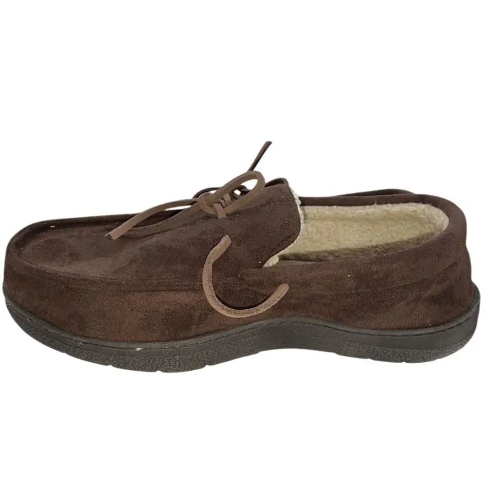 Dearfoams Men’s Microsuede Toby Moccasin Slippers Coffee Sz. M 9/10 Fleece Lined